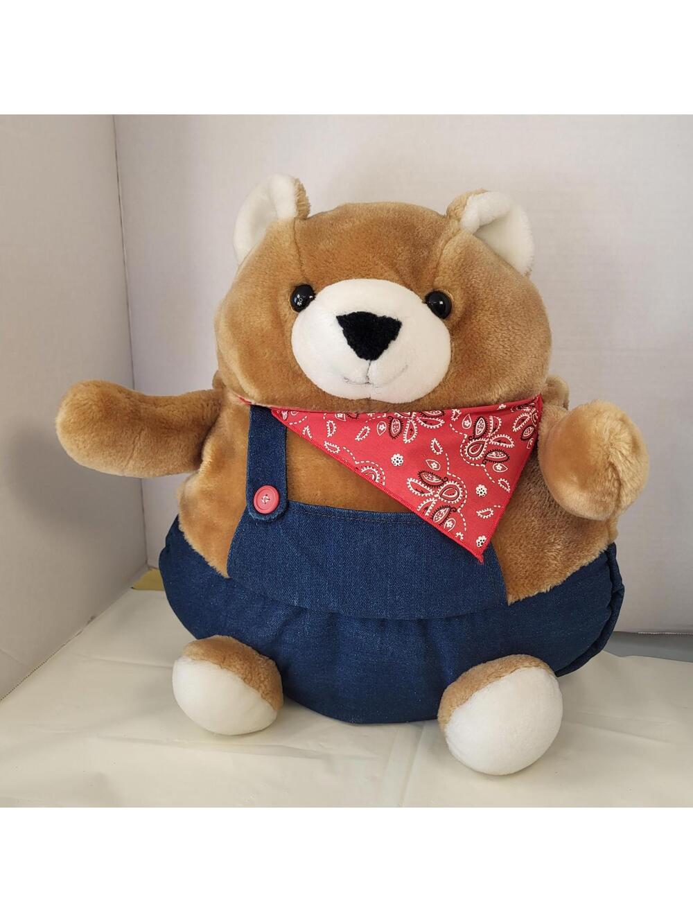 Unique soft  plush bear 15"x13"  with  pouch brown with blue overalls and red